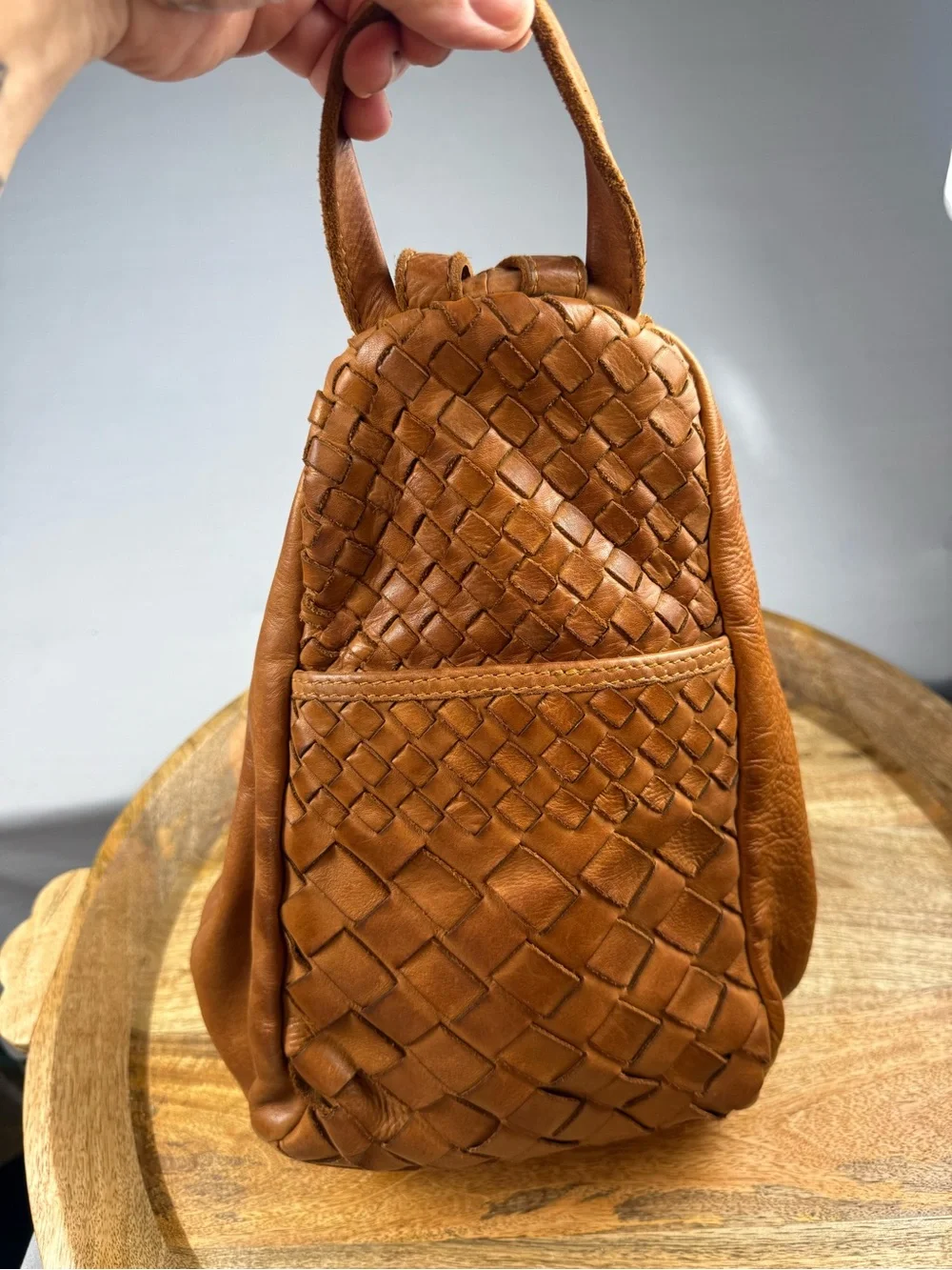 Woven Leather Mini Backpack - Tan